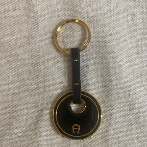 VINTAGE Etienne Aigner Logo Keychain, Black, Leather, Gold